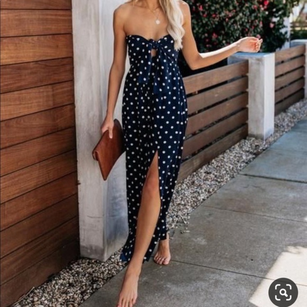 VICI ☀️ Maxi Dress Strapless Navy Blue Polka Dot Size Medium